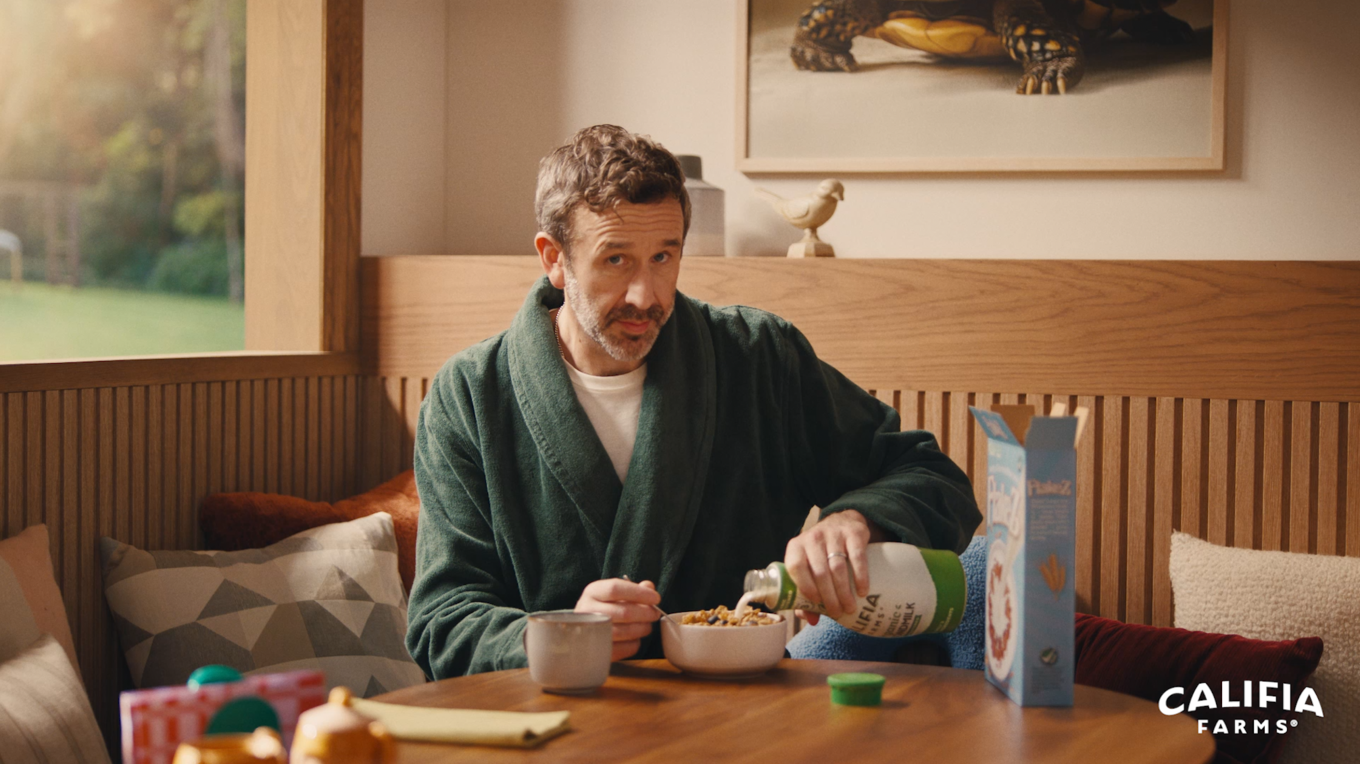 Chris O'Dowd eating cereal with Califia Farms milk
